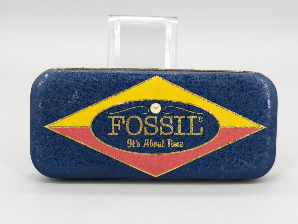 Vintage Fossil Watch Empty Box Tin Collectible 1990 Blue Red & Yellow